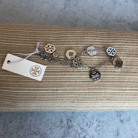 Tory Burch Hexagon Logo Charm Bracelet Silvertone - Picture 2 of 9